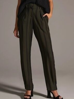 Anthropologie Olive Green High-Waist Pleated Trousers